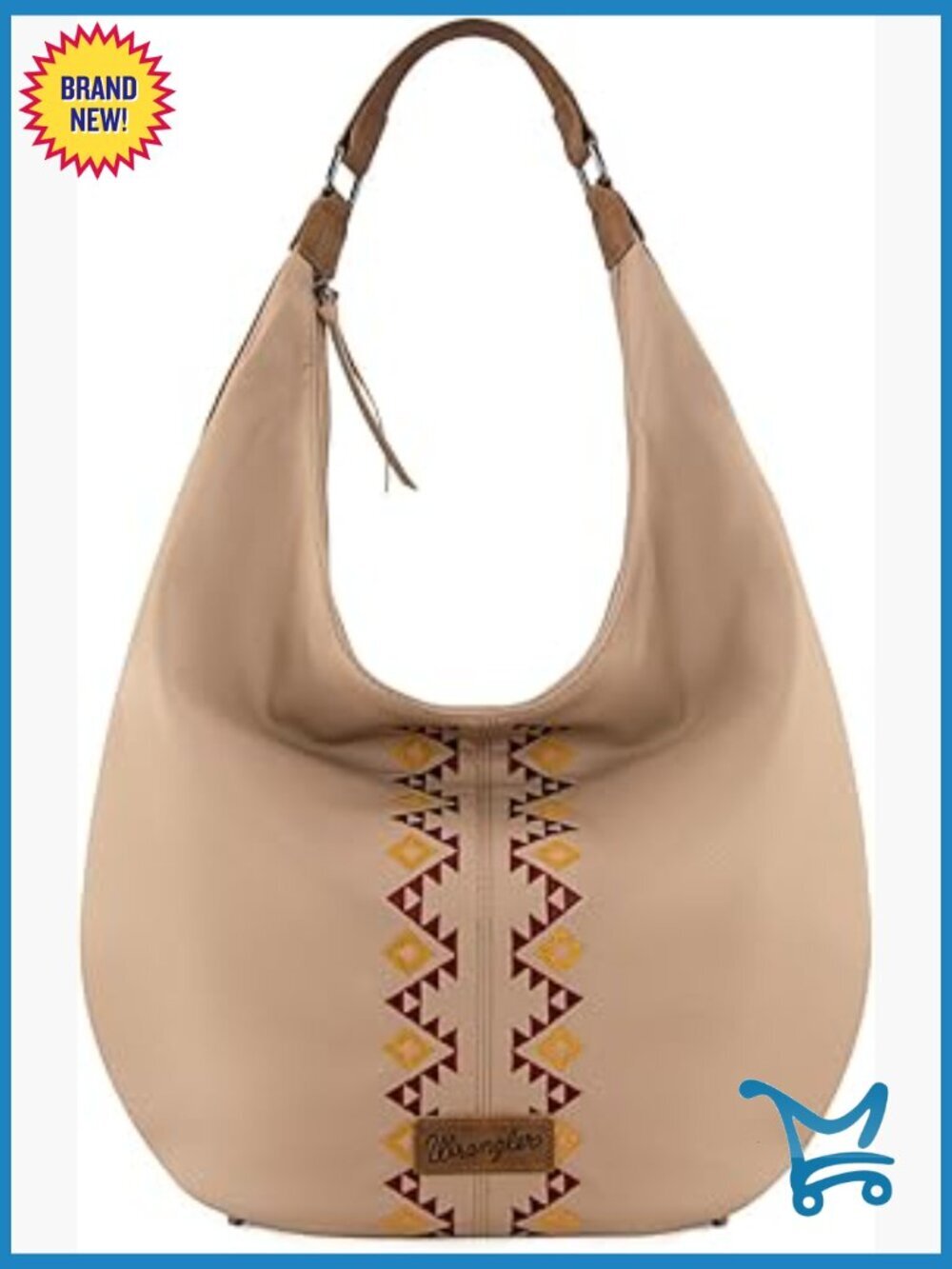 Large Hobo Bag with Aztec Embroidery, Faux Leather, 3 Compartments